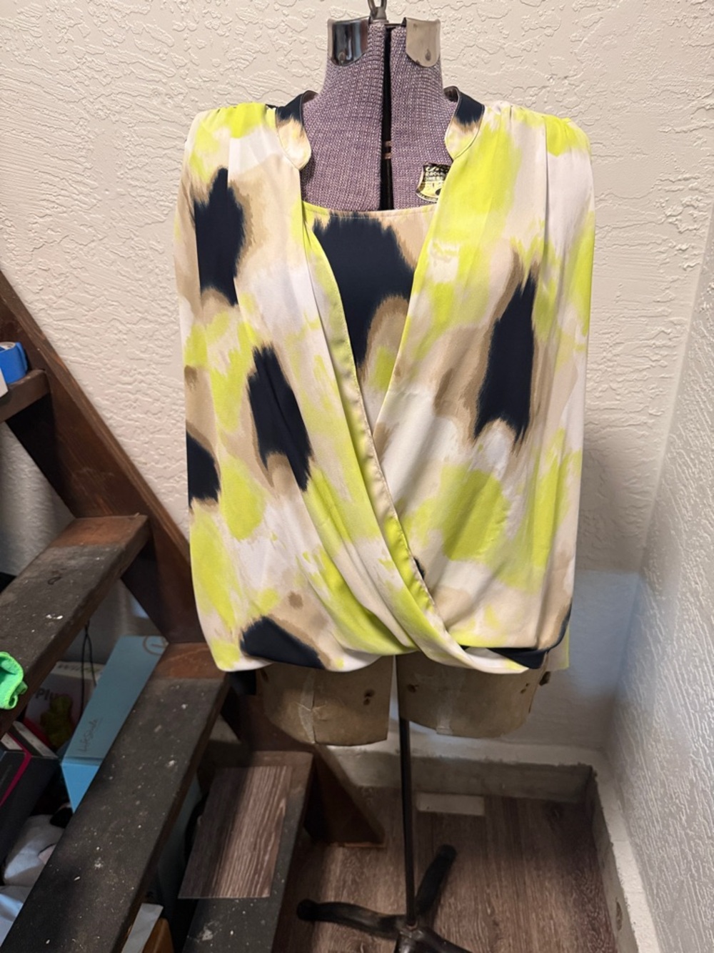 Alfani Abstract Surplice Blouse in Lime, Black & Cream